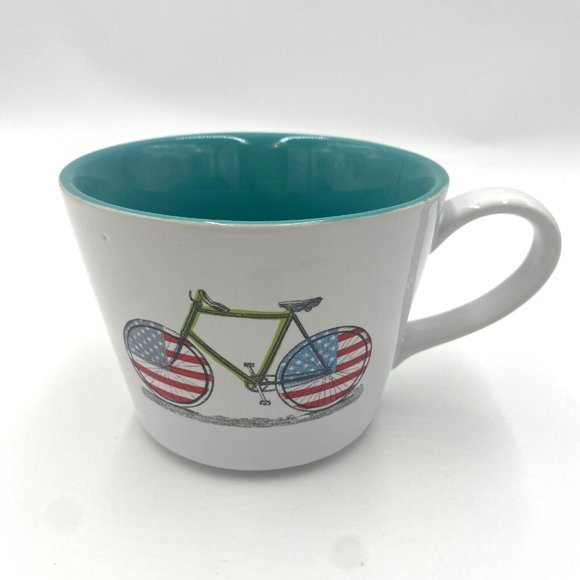 World Market Bike Coffee Mug Cycling American Flag Bicycle Teal and White - Picture 1 of 6